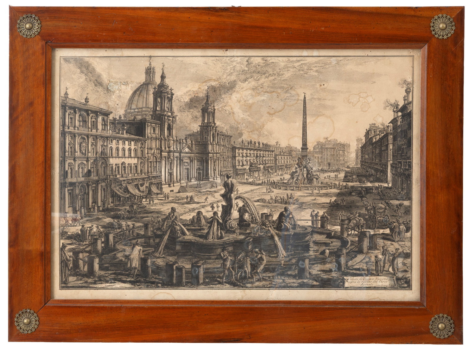 GIOVANNI BATTISTA PIRANESI. Incisione "VEDUTA DI PIAZZA NAVONA SOPRA LE ROVINE DEL CIRCO AGONALE": GIOVANNI BATTISTA PIRANESI (Mojano 1720 - Roma 1778). Engraving on paper mounted on canvas depicting "VIEW OF PIAZZA NAVONA ABOVE THE RUINS OF THE CIRCUS AGONALIS". Framed. Defects. 54x77 cm approx.