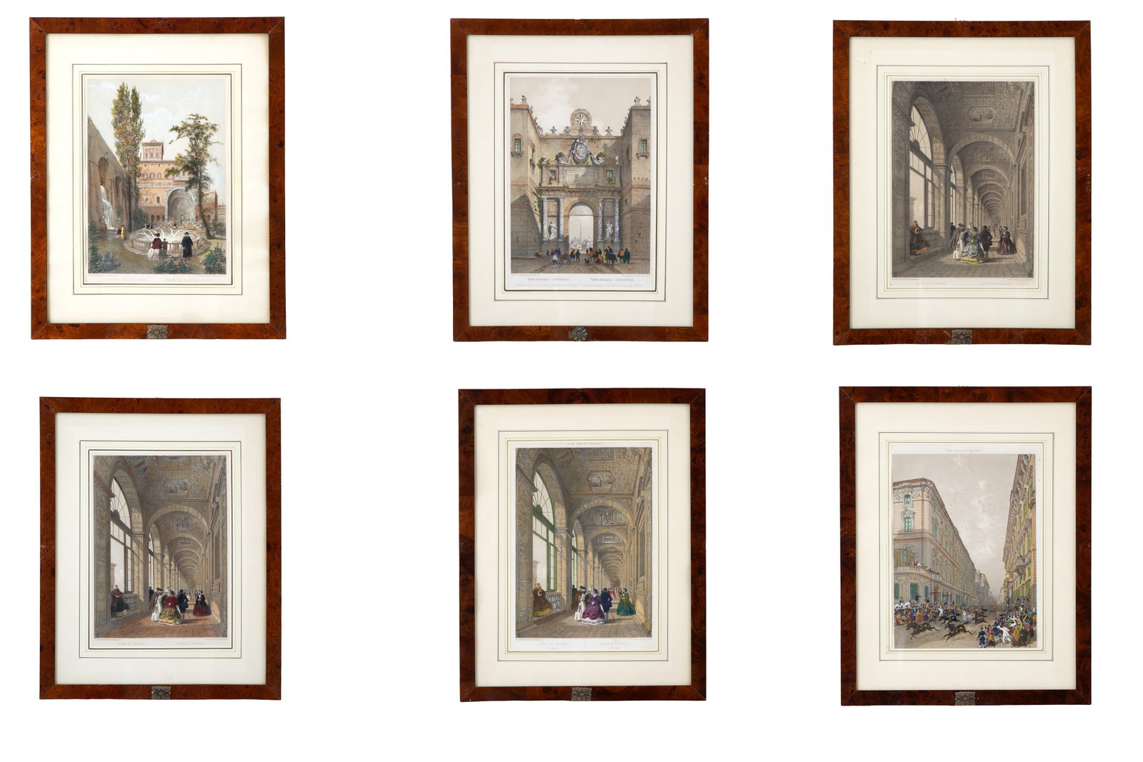 PHILIPPE BENOIST - FELIX BENOIST. Sei litografie acquarellate "VEDUTE DI ROMA": PHILIPPE BENOIST(Ginevra 1813 - 1880 ca.) - FELIX BENOIST (Saumur 1818 - Nantes 1896). Six watercolor lithographs on paper depicting "VIEWS OF ROME". Framed in burl wood. 46x59 cm approx. with frame