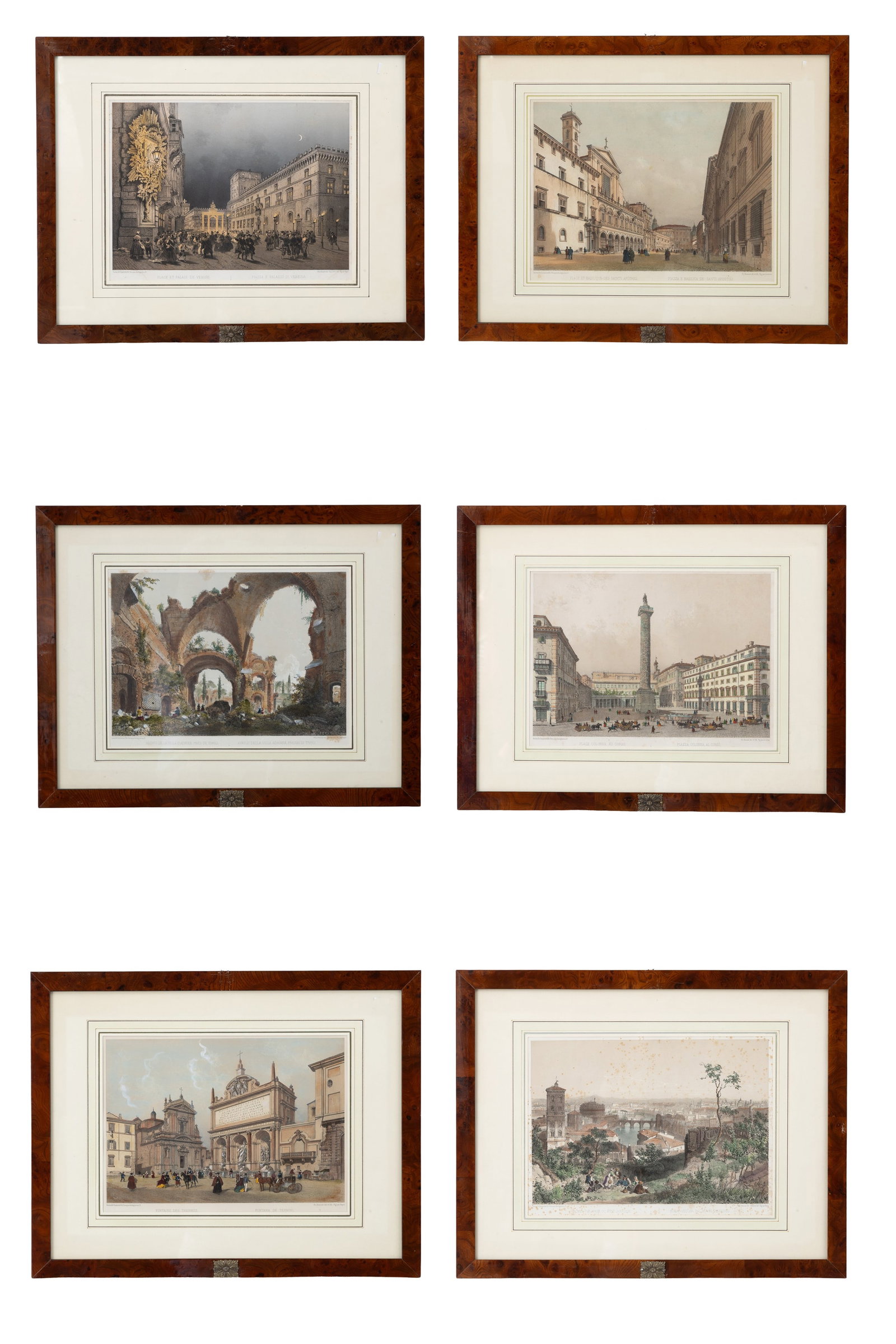 PHILIPPE BENOIST - FELIX BENOIST. Sei litografie acquarellate "VEDUTE DI ROMA": PHILIPPE BENOIST(Ginevra 1813 - 1880 ca.) - FELIX BENOIST (Saumur 1818 - Nantes 1896). Six watercolor lithographs on paper depicting "VIEWS OF ROME". Framed in burl wood. 46x59 cm approx. with frame