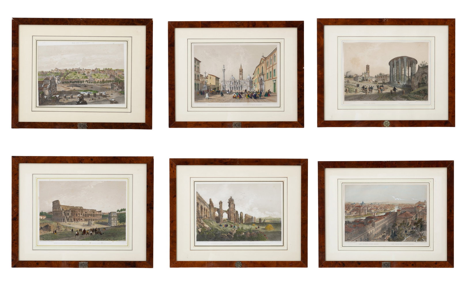 PHILIPPE BENOIST - FELIX BENOIST. Sei litografie acquarellate "VEDUTE DI ROMA": PHILIPPE BENOIST(Ginevra 1813 - 1880 ca.) - FELIX BENOIST (Saumur 1818 - Nantes 1896). Six watercolor lithographs on paper depicting "VIEWS OF ROME". Framed in burl wood. 46x59 cm approx. with frame