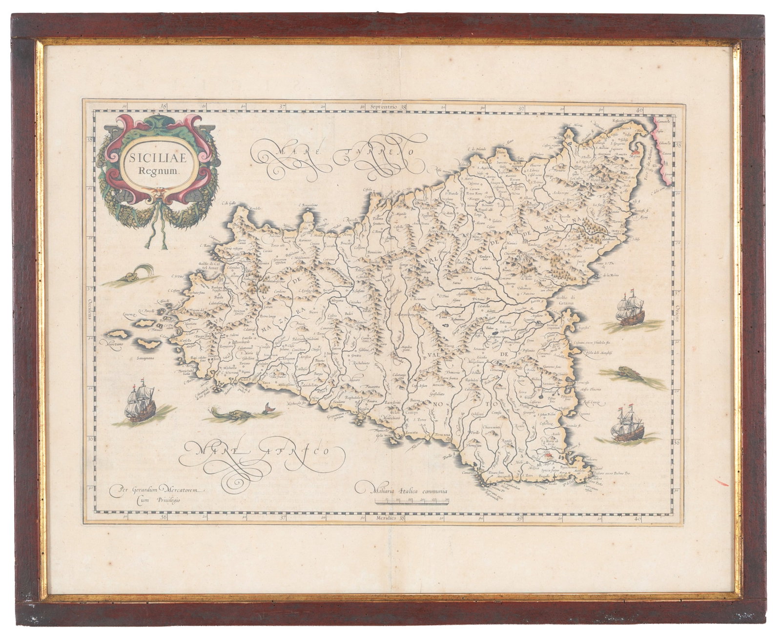 Carta geografica della Sicilia: Historical map of Sicily. 19th century. Framed. 48.5x59.5 cm approx. with frame Carta geografica storica della Sicilia. XIX secolo. In cornice. 48,5x59,5 cm ca. con cornice