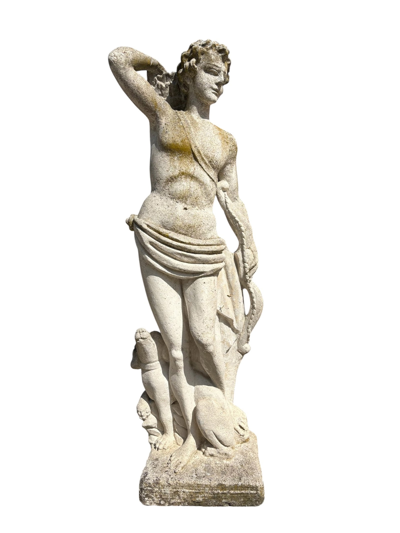 Scultura "ARCIERE": Composite stone sculpture depicting "ARCHER". Item located at the consignor's home. Height approx. 135 cm. Scultura in pietra composita raffigurante "ARCIERE". Oggetto ubicato presso l'affidante.
