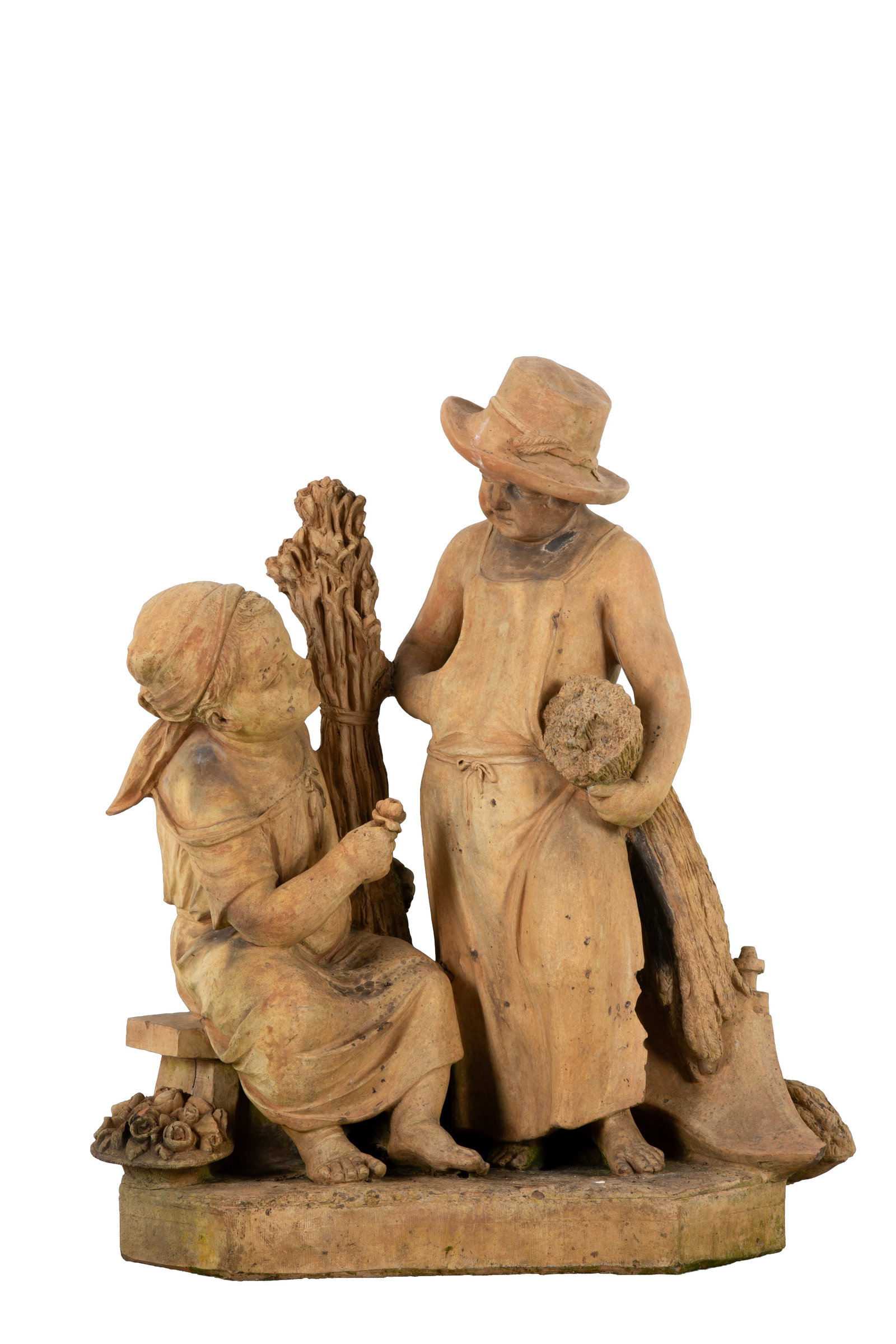 Terracotta sculpture "PUTTI WITH EARS OF WHEAT": Terracotta sculpture depicting "PUTTI WITH EARS OF WHEAT". Late 19th-early 20th century. Defects, breaks and missing parts. 100x90x50 cm approx. each. Gruppo scultoreo in terracotta raffiguranti