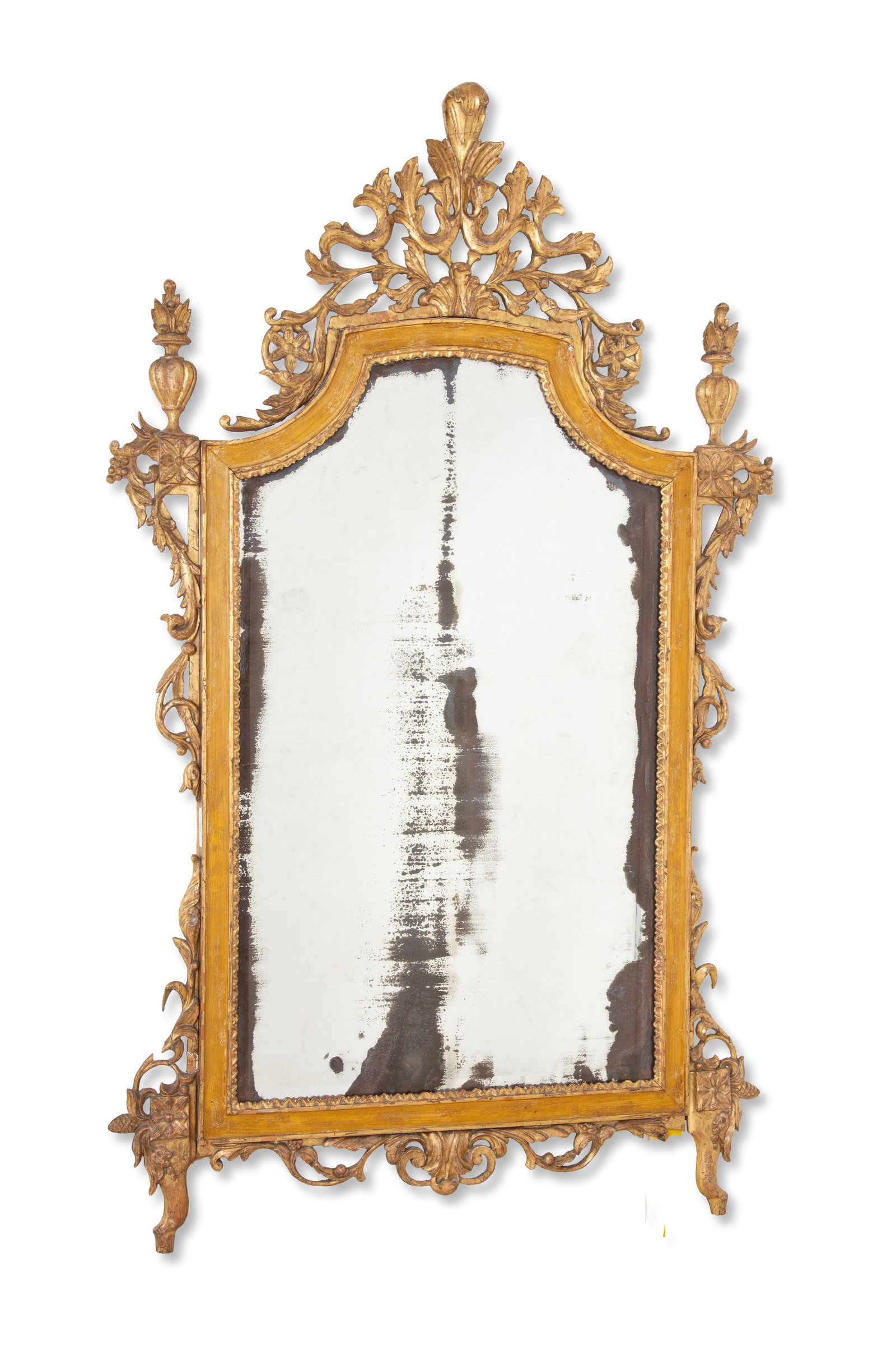 Specchiera dorata: Carved, lacquered, and gilded wooden mirror with a pierced cornice. 19th century. Defects and minor restorations. 181x102 cm approx. Specchiera in legno intagliato, laccato e dorato con cimasa