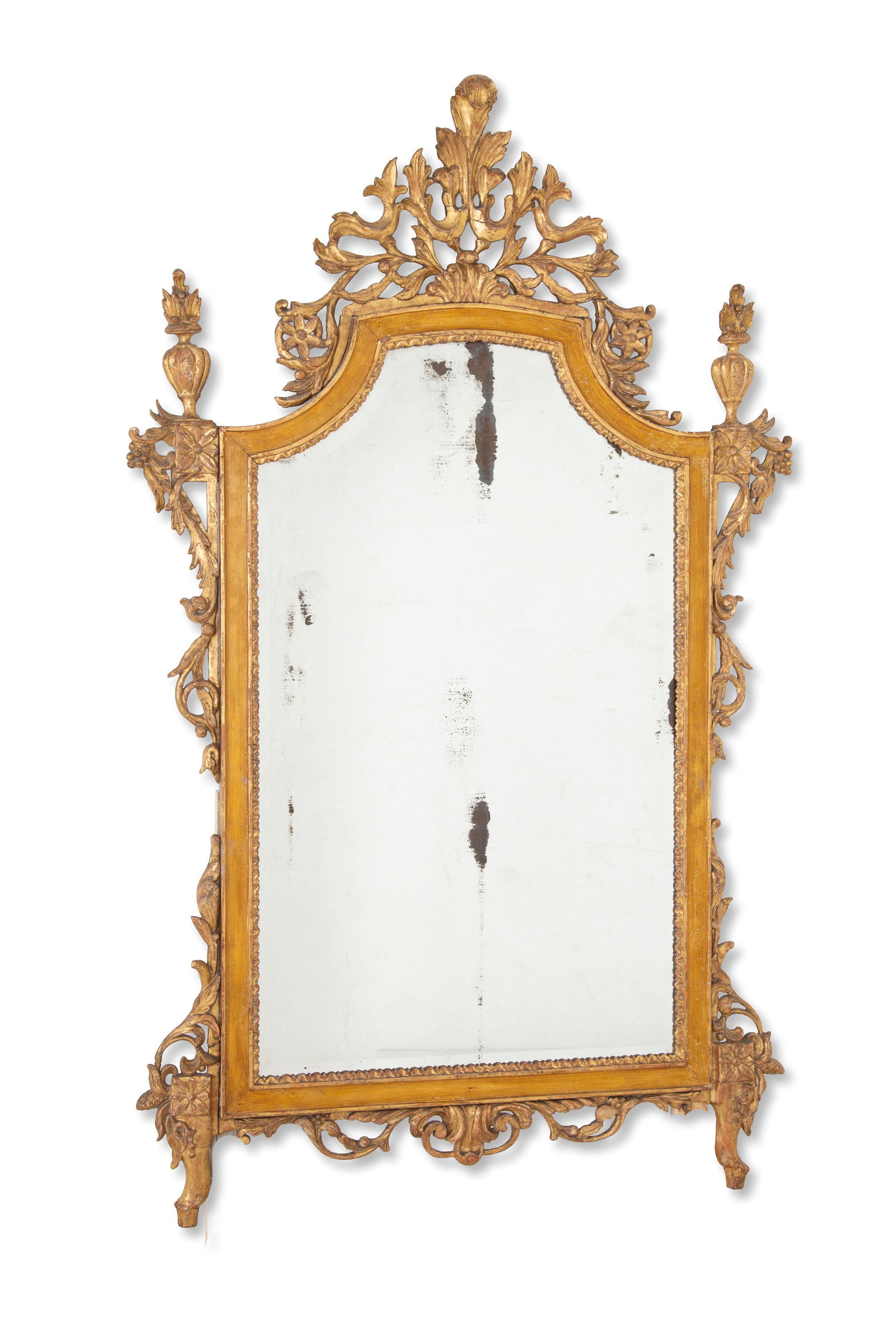 Specchiera dorata: Carved, lacquered, and gilded wooden mirror with a pierced cornice. 19th century. Defects and minor restorations. 181x102 cm approx. Specchiera in legno intagliato, laccato e dorato con cimasa
