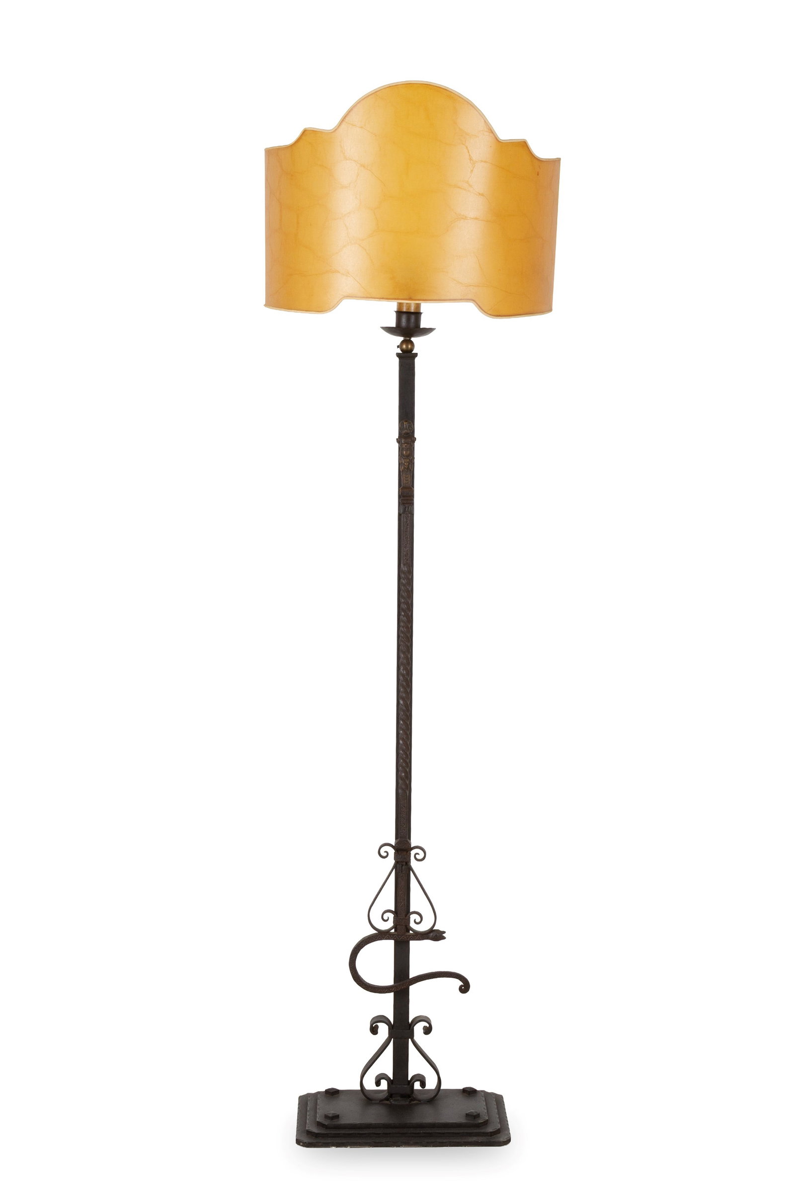 Piantana in ferro battuto: Wrought iron floor lamp. 19th century. 154x40x27 cm approx. Piantana in ferro battuto. XIX secolo.? 154x40x27 cm ca.