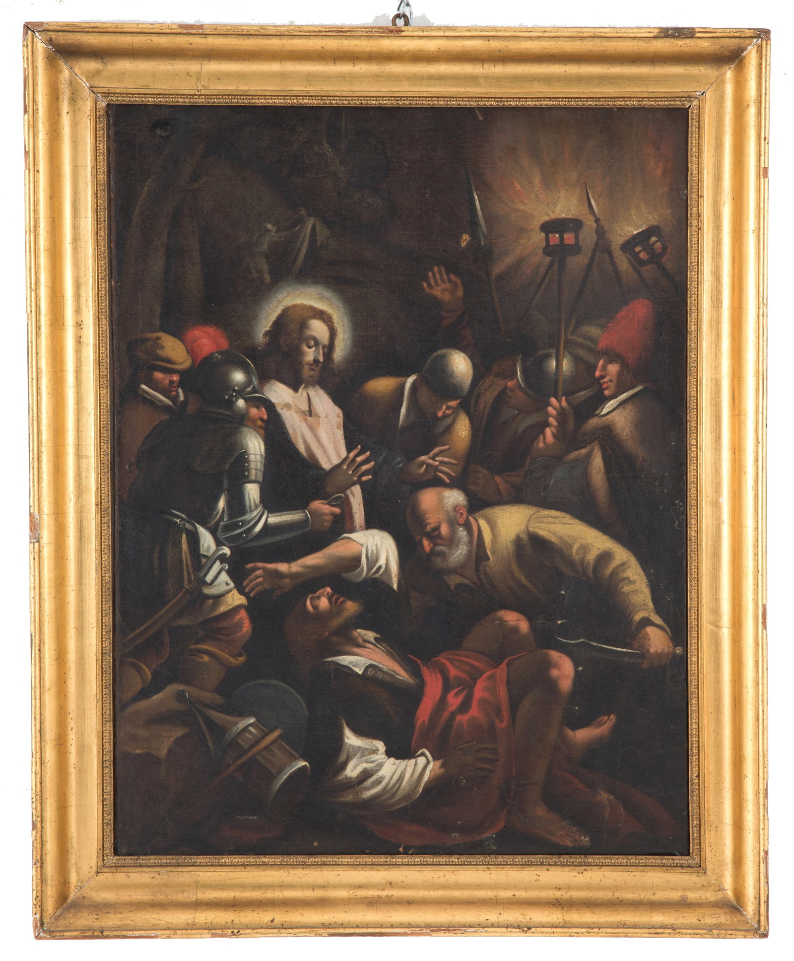 Dipinto "LA CATTURA DI CRISTO": CREMONA MASTER, LATE 16TH-EARLY 17TH CENTURY. Oil on canvas depicting "THE CAPTURE OF CHRIST." In a non-contemporary gilded wooden frame. Defects, cracks, and restorations. Already re-stretched and