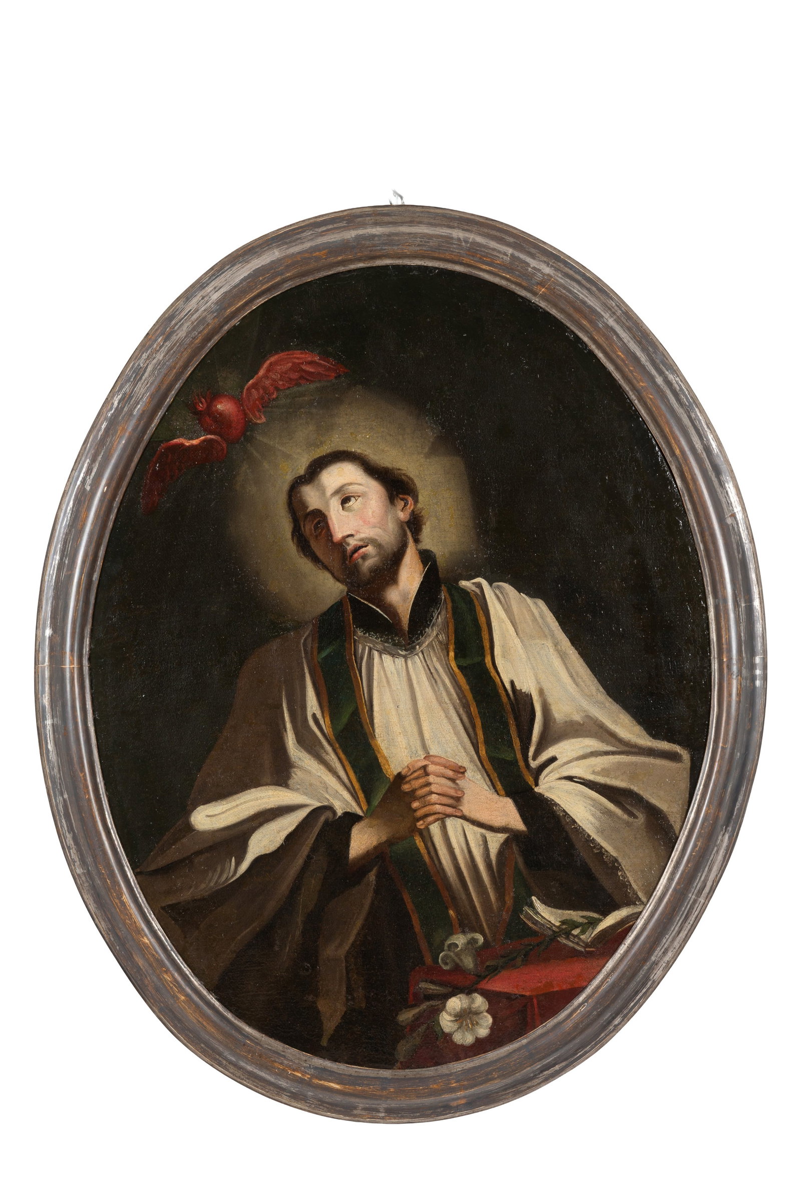 Dipinto ovale "SAN GAETANO DA THIENE": Oval oil on canvas painting depicting "SAINT CAJETAN OF THIENE". 17th century. In a lacquered wooden frame. Restored. 95x72 cm approx. Dipinto ovale olio su tela raffigurante "SAN GAETANO DA THIENE".