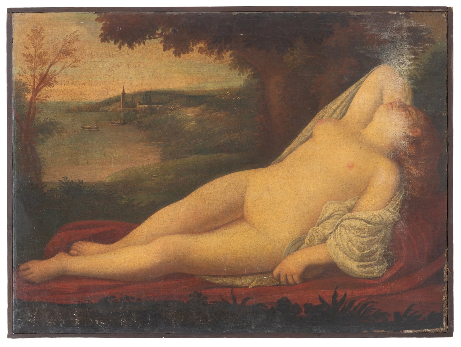 Oil painting on canvas "VENUS IN THE LANDSCAPE": Oil painting on canvas depicting "VENUS IN THE LANDSCAPE". 17th century. Defects and restorations. Already relined and restretched. 69x82.5 cm approx. Dipinto olio su tela raffigurante "VENERE NEL PAE