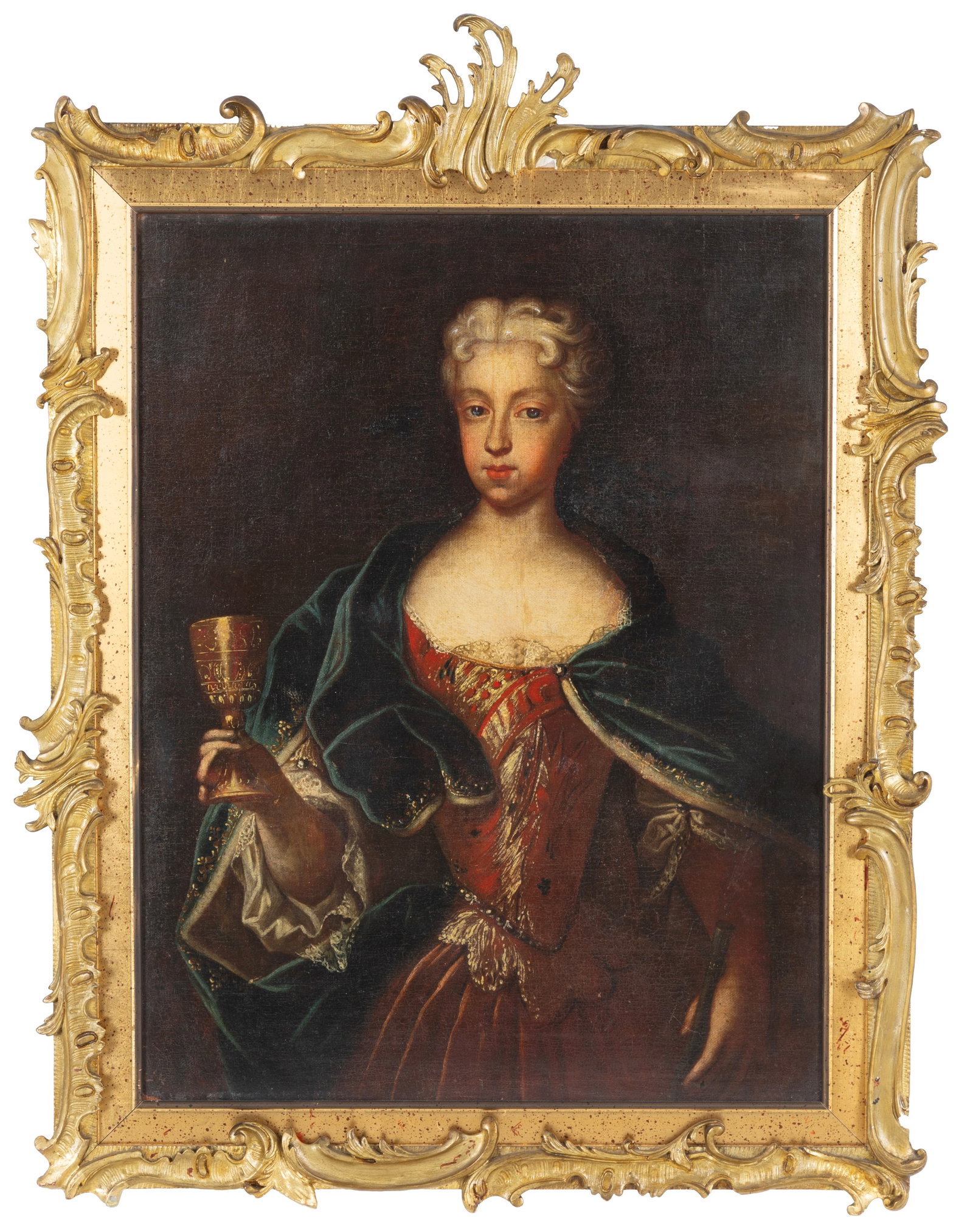 Painting "PORTRAIT OF POLIXENES": Oil painting on canvas depicting "PORTRAIT OF POLIXENA". Late 17th century. In a carved and gilded wooden frame. Minor restorations. Already relined and restretched. 63x50.5 cm approx. Dipinto olio su