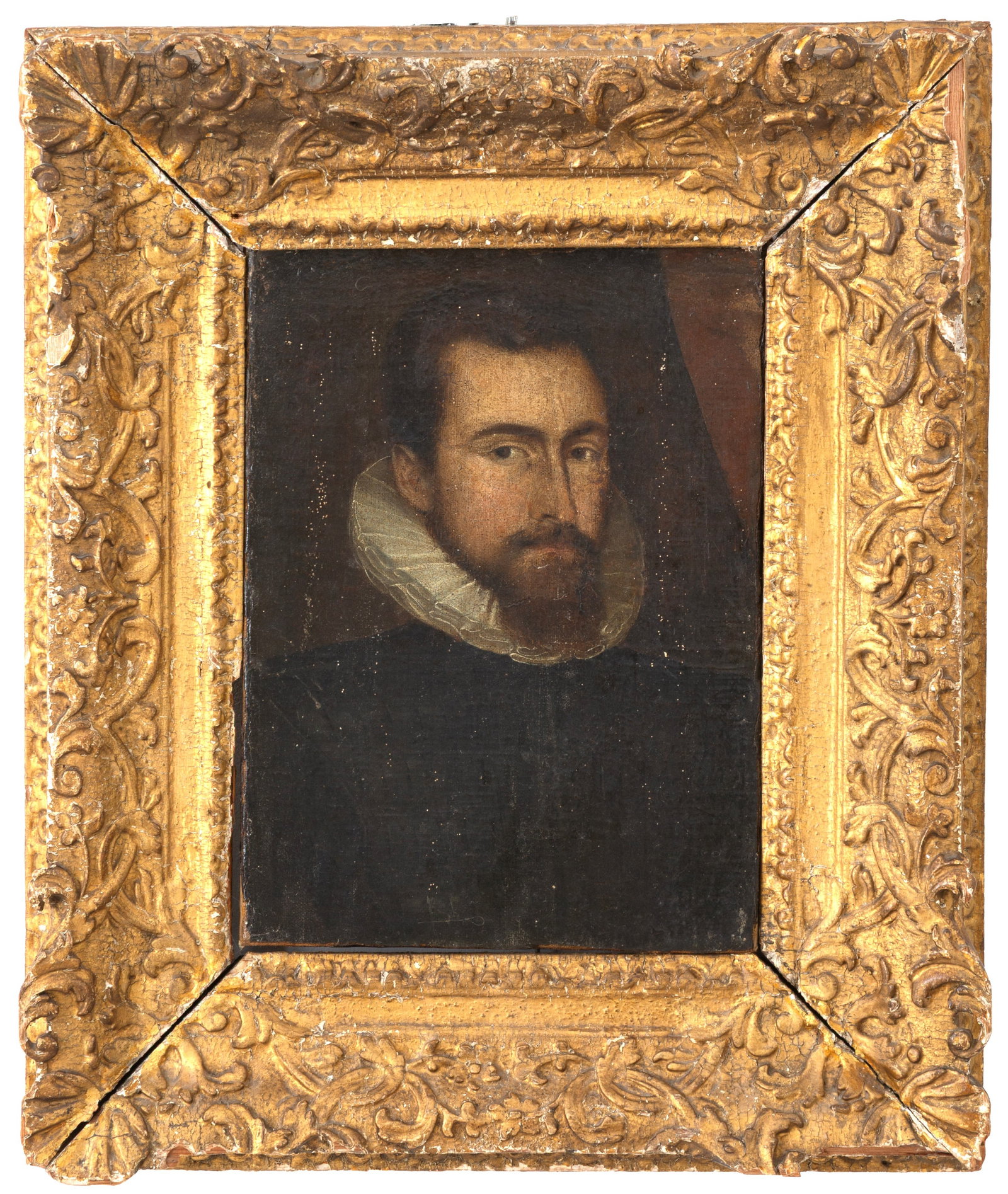 Dipinto "RITRATTO DI GENTILUOMO": Oil painting on canvas depicting "PORTRAIT OF A GENTLEMAN". 17th century. In a carved and gilded wooden frame. Defects. 30x21.5 cm approx. Dipinto olio su tela raffigurante "RITRATTO DI GENTILUOMO".