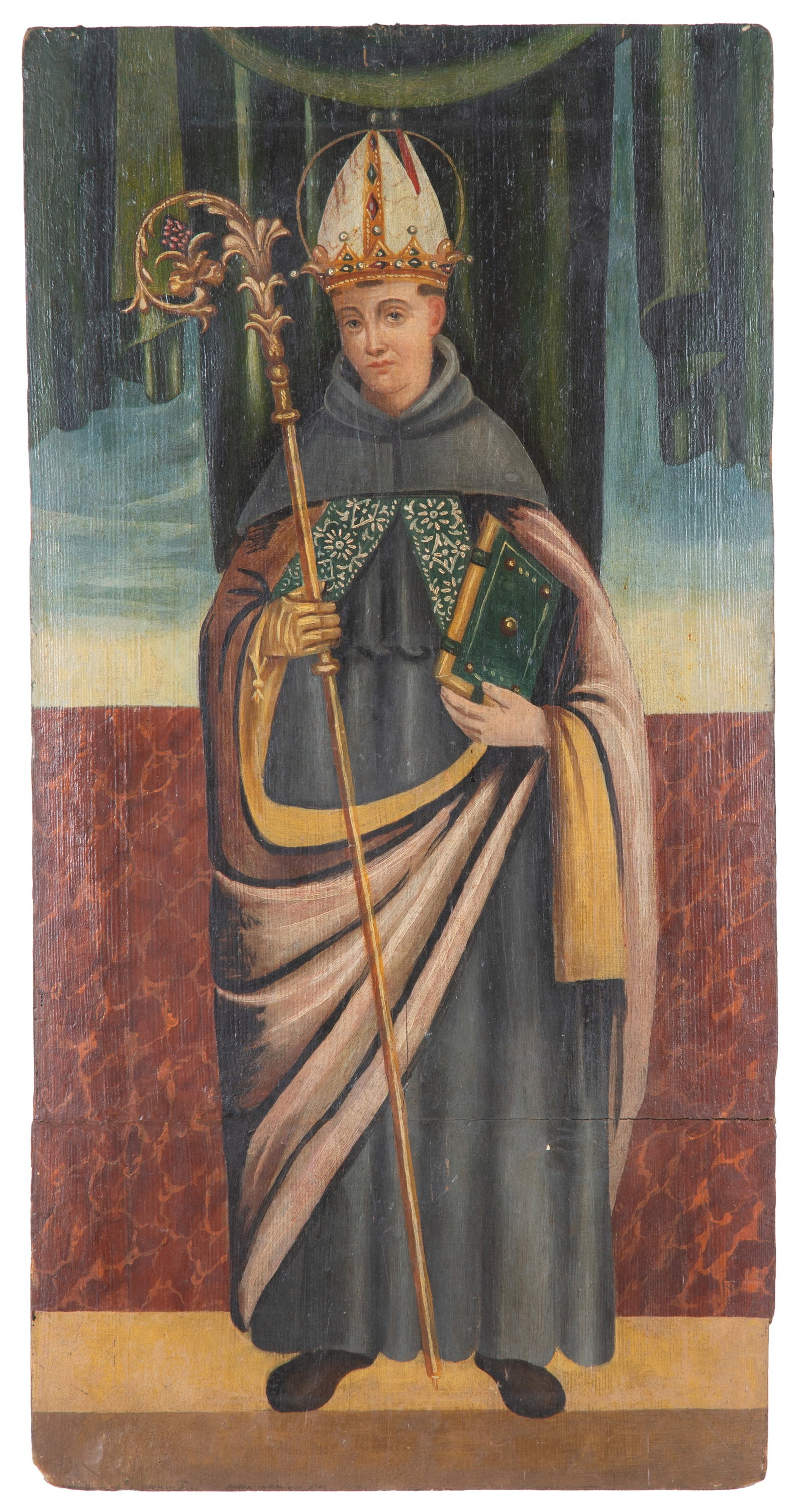 Dipinto "SANTO VESCOVO": Oil painting on panel depicting "HOLY BISHOP". 17th century. Defects and restorations. 95x48.5 cm approx. Dipinto olio su tavola raffigurante "SANTO VESCOVO". XVII secolo. Difetti e restauri. 95x48,5 