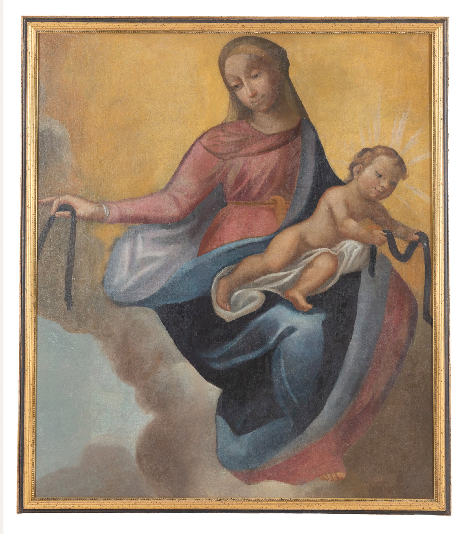 Dipinto "MADONNA DEL VELO": Oil paiting on canvas depicting "MADONNA DEL VELO". 17th century. Framed. Already re-stretched and re-lined. 115x97.5 cm approx. Dipinto olio su tela raffigurante "MADONNA DEL VELO". XVII secolo. In c