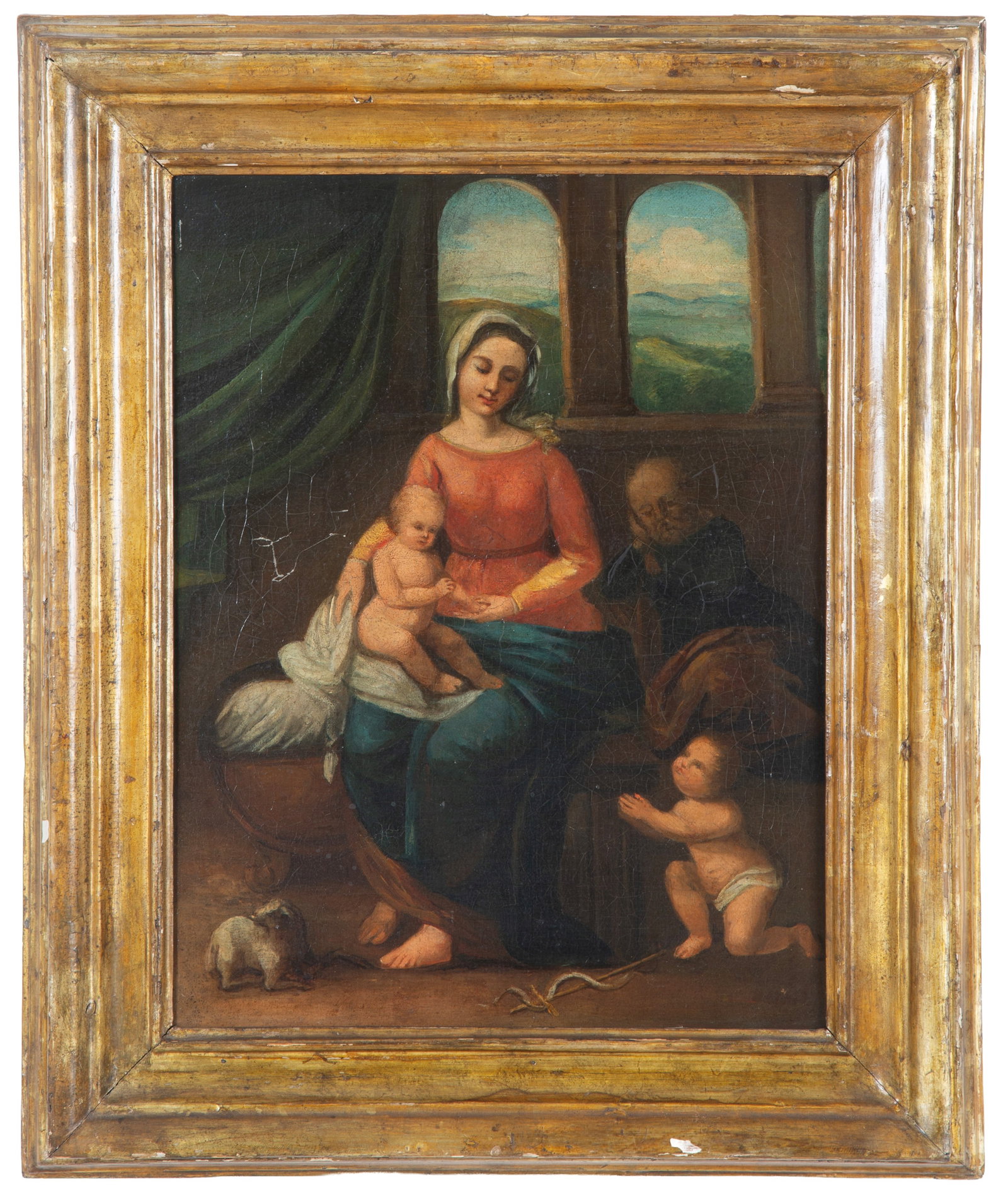 Dipinto "SACRA FAMIGLIA CON SAN GIOVANNINO": Oil painting on canvas depicting "HOLY FAMILY WITH THE INFANT SAINT JOHN". 17th century. In a gilded wooden frame. Defects and restorations. Already re-stretched and re-lined. 41x32.5 cm approx.