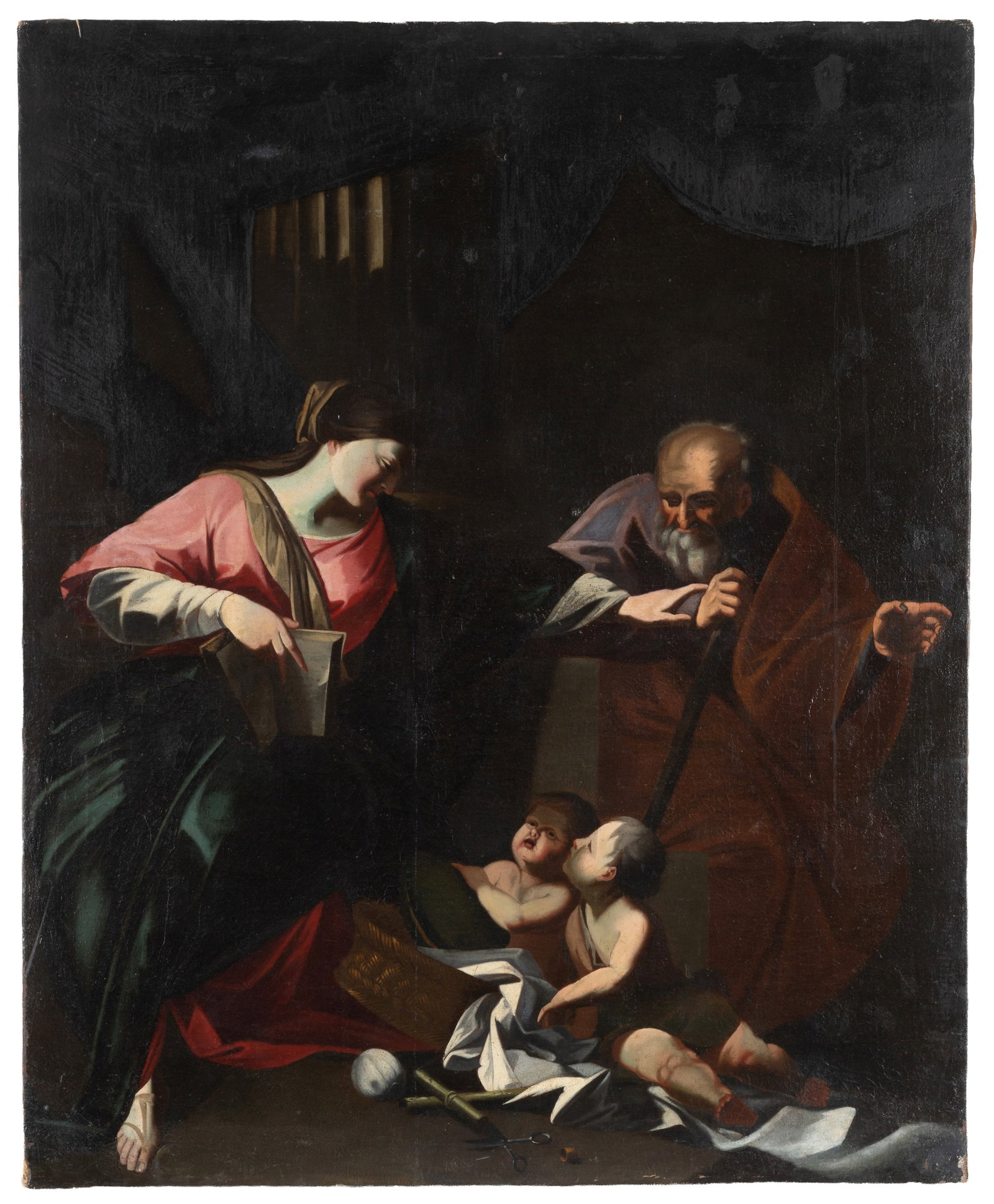 Dipinto "SACRA FAMIGLIA": Oil paiting on canvas depicting "HOLY FAMILY". 17th century. Defects and restorations. Already relined and restretched. 134x110 cm approx. Dipinto olio su tela raffigurante "SACRA FAMIGLIA". XVII seco