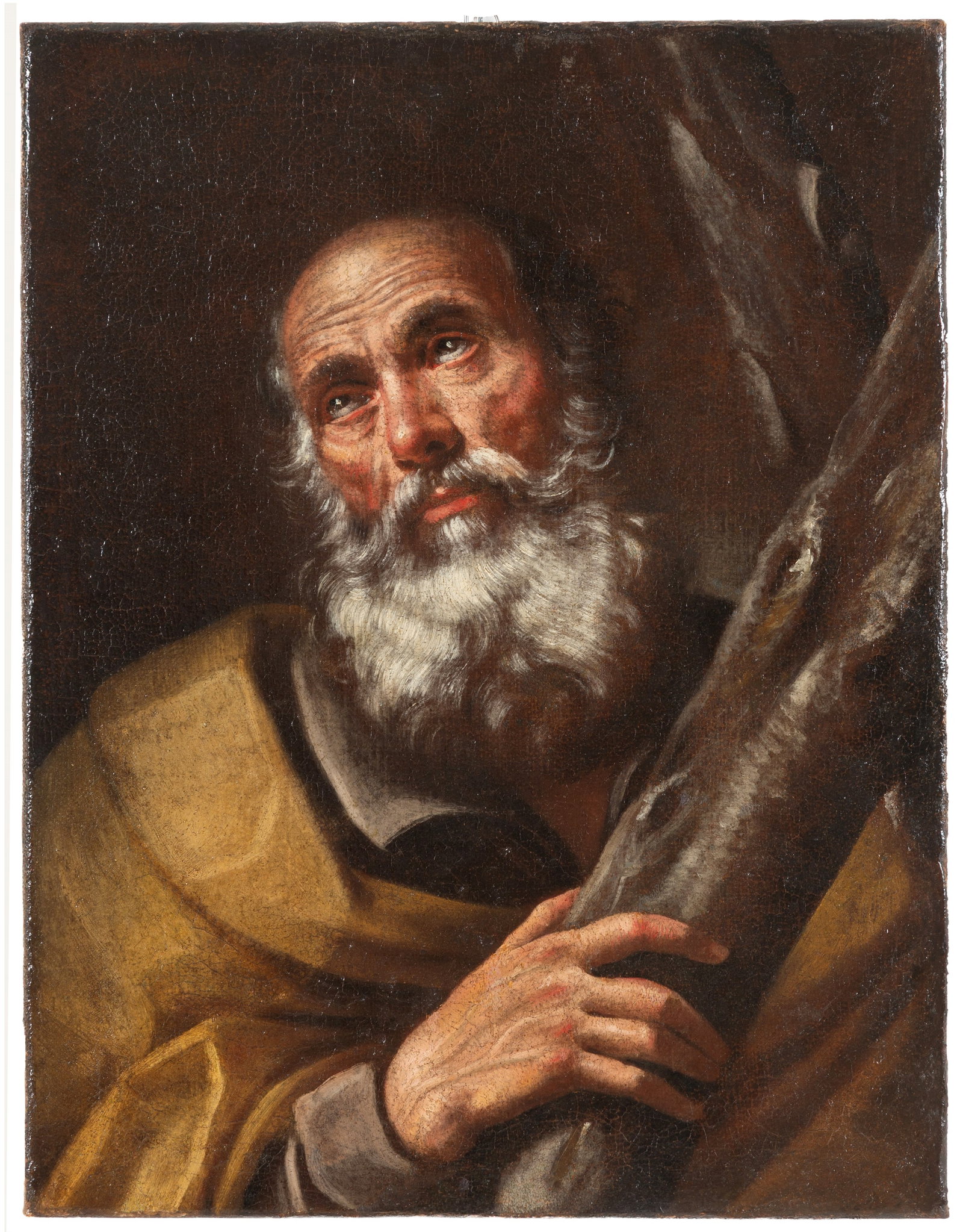 Dipinto "SANT'ANDREA": Oil painting on canvas depicting "SAINT ANDREW". 17th century. Defects and restorations. Already relined and restretched. 65x50 cm approx. Dipinto olio su tela raffigurante "SANT'ANDREA". XVII secolo.