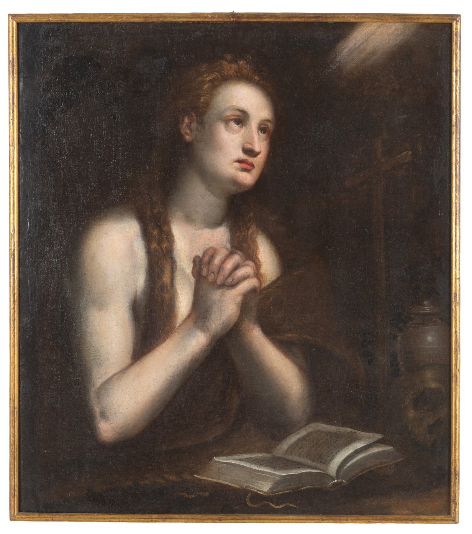 Dipinto "MADDALENA PENITENTE": Oil painting on canvas depicting "PENITENT MAGDALENE". 17th century. Framed. Defects and restorations. 83x73.5 cm approx. Dipinto olio su tela raffigurante "MADDALENA PENITENTE". XVII secolo. In corni