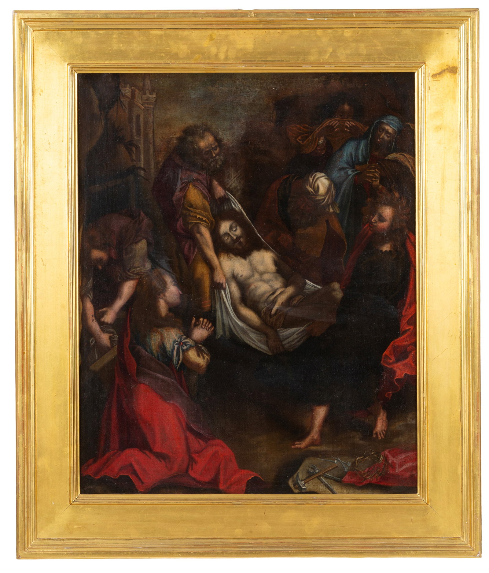 Dipinto "DEPOSIZIONE DI CRISTO": Oil painting on canvas depicting "DEPOSITION OF CHRIST". 17th century. In a gilded wooden frame. Restored. Already relined and restretched. 76x60 cm approx. Dipinto olio su tela raffigurante "DEPOSIZI