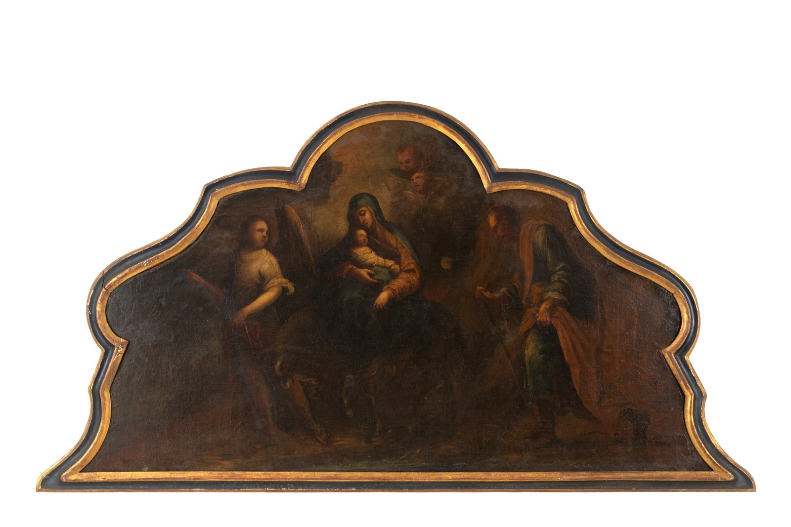 Dipinto "FUGA IN EGITTO": Oil painting on canvas depicting "THE ESCAPE INTO EGYPT". Late 17th century. In a lacquered and gilded wooden frame. Restored. Already re-stretched and re-lined. 98x176 cm approx. Dipinto sagomato