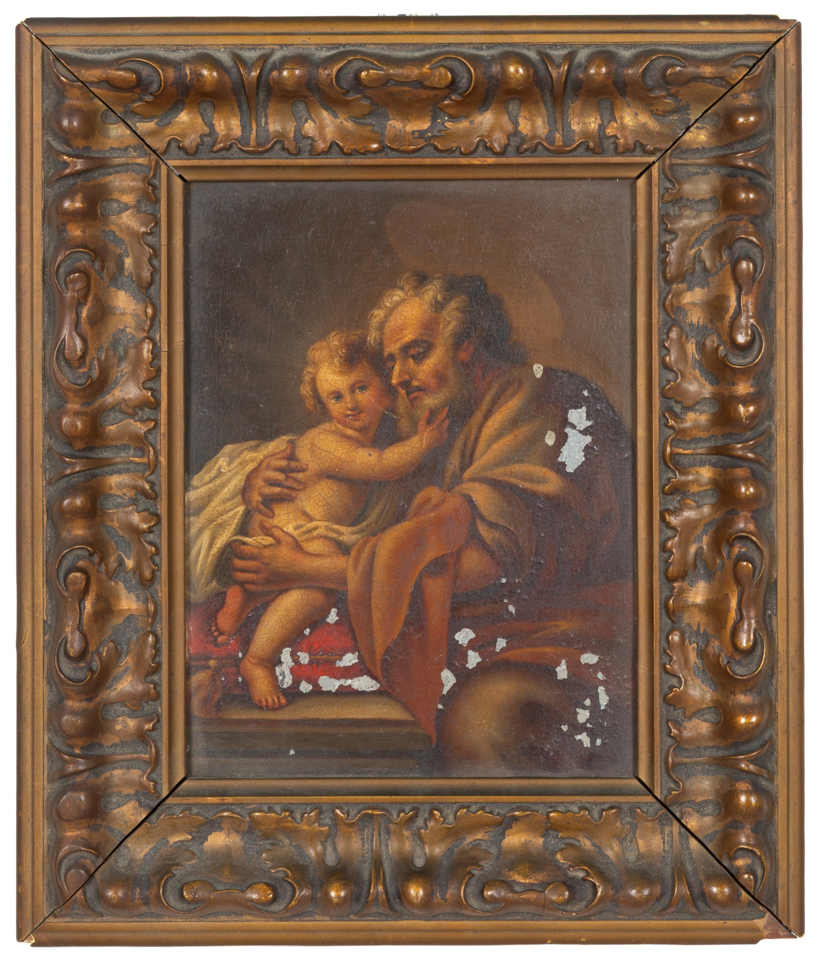 Dipinto "SAN GIUSEPPE E IL BAMBINO": Oil painting on metal depicting "ST. JOSEPH AND THE CHILD". 19th century. In a carved and gilded wooden frame. Defects and missing parts. 22.5x16 cm approx. Dipinto olio su metallo raffigurante "SAN G