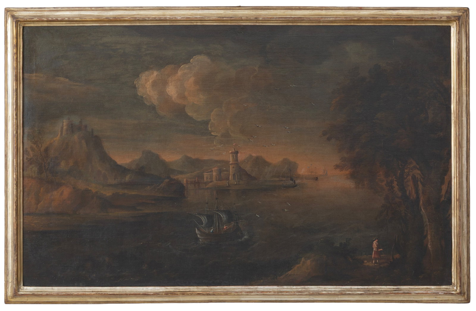 Painting "SEA LANDSCAPE WITH ARCHITECTURE": Oil painting on canvas "SEA LANDSCAPE WITH ARCHITECTURE". Late 18th-early 19th century. In a gilded frame. Already relined and restretched. 78x125 cm approx. Dipinto olio su tela "PAESAGGIO MARINO CON