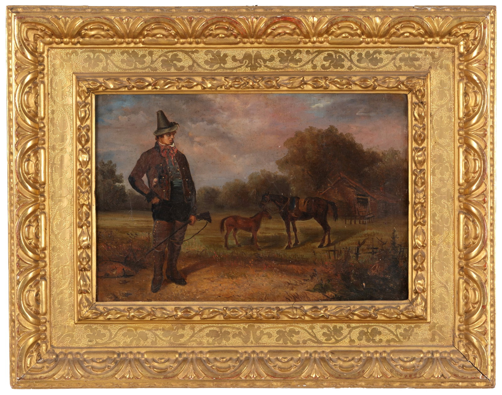 Painting "LANDSCAPE WITH HUNTER AND HORSES": Oil painting on canvas depicting "LANDSCAPE WITH HUNTER AND HORSES". 19th century. In a carved and gilded wooden frame. Minor defects. 37x54 cm approx. Dipinto olio su tela raffigurante "PAESAGGIO CON