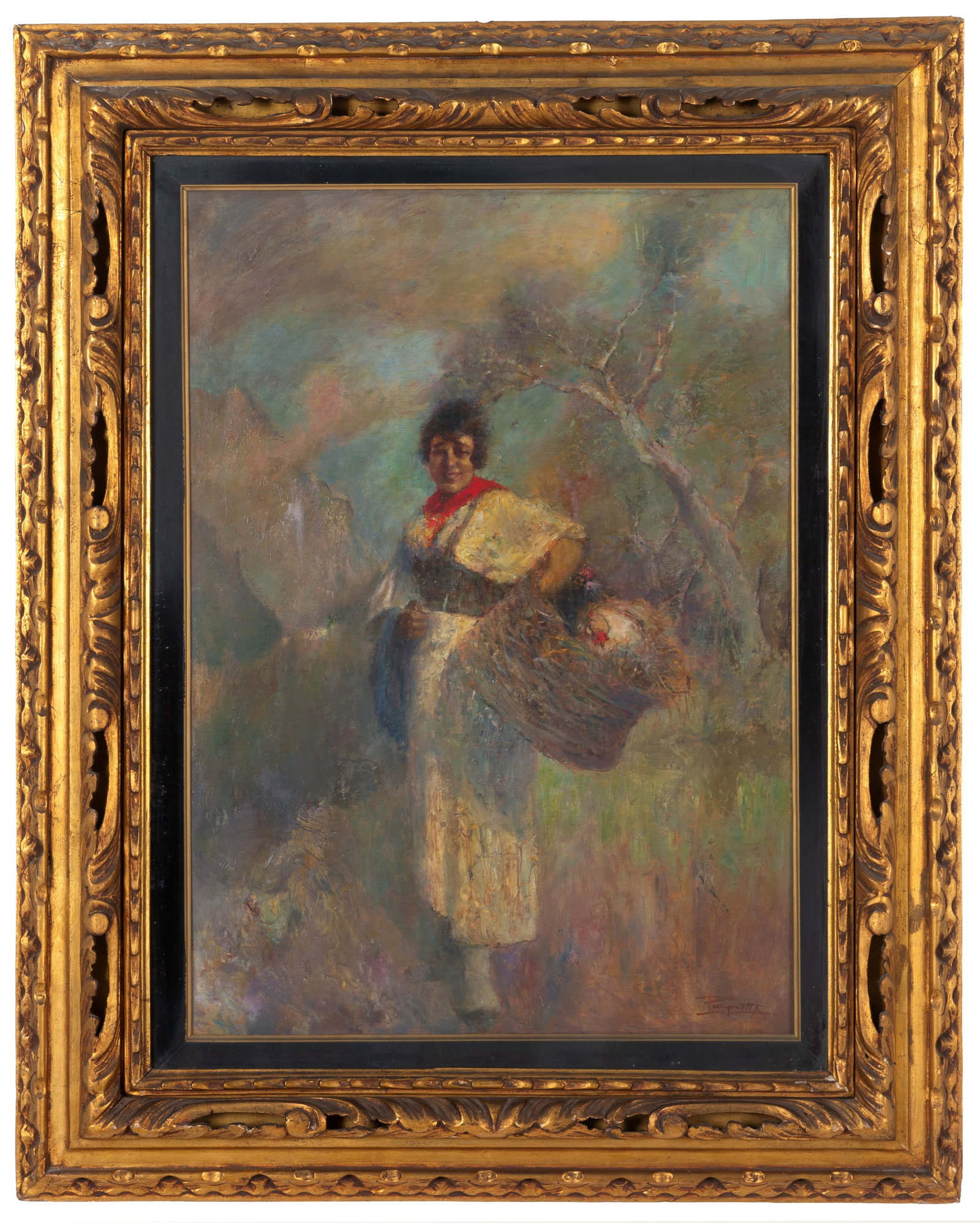 ANTONIO PAGNOTTA. Dipinto "CONTADINA": ANTONIO PAGNOTTA (Roma 1900 - Brescia ?). Oil painting on panel depicting "PEASANT WOMAN". Signed lower right. In a carved and gilded frame. 70x50 cm approx. ANTONIO PAGNOTTA (Roma 1900 - Brescia ?).