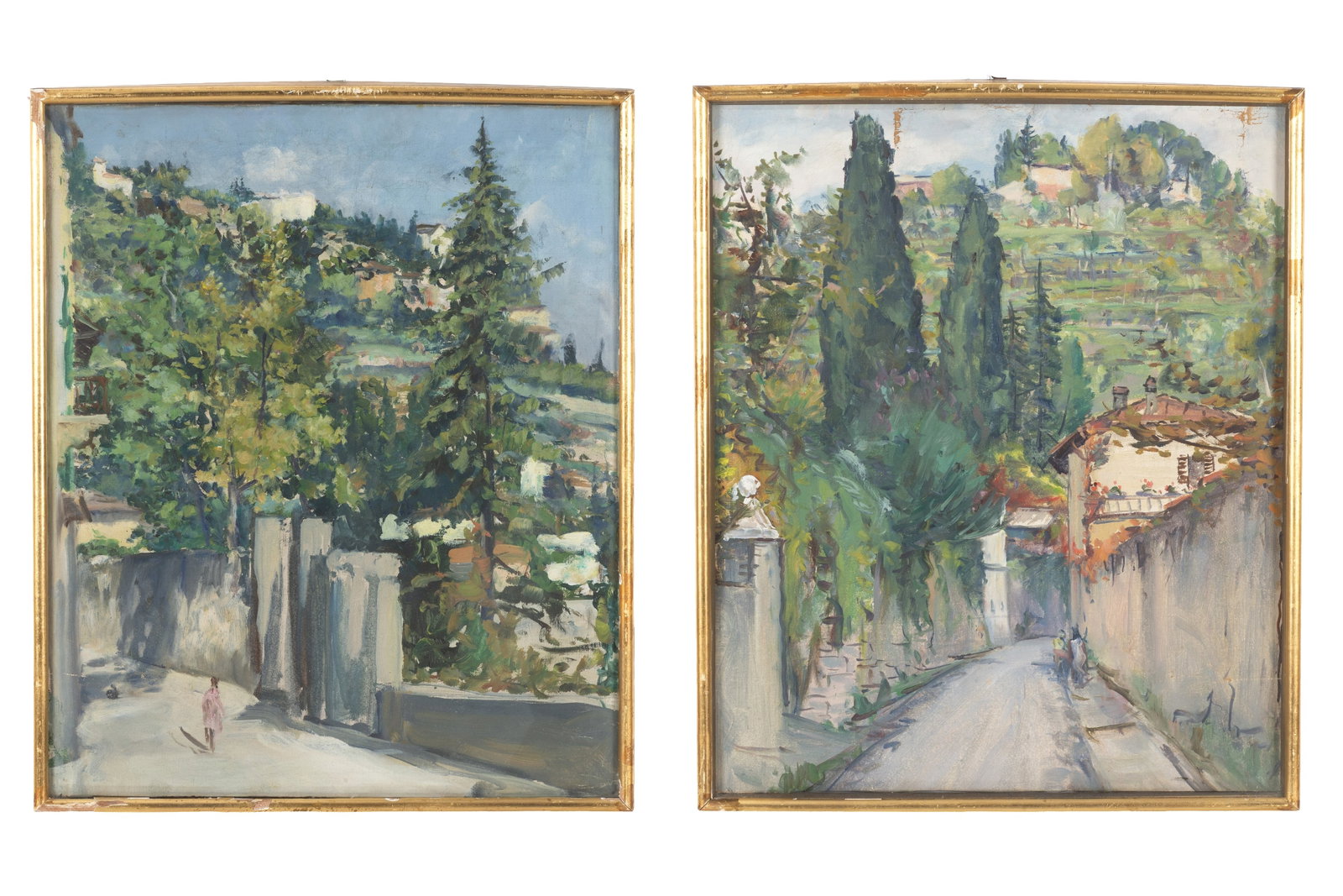 PAOLO PUNZO. Due dipinti "BERGAMO ALTA": PAOLO PUNZO (Bergamo 1906 - 1979). Two oil paintings on canvas depicting "BERGAMO ALTA". 20th century. Framed. Defects. 60x50 cm approx. PAOLO PUNZO (Bergamo 1906 - 1979). Due dipinti olio su tela raf