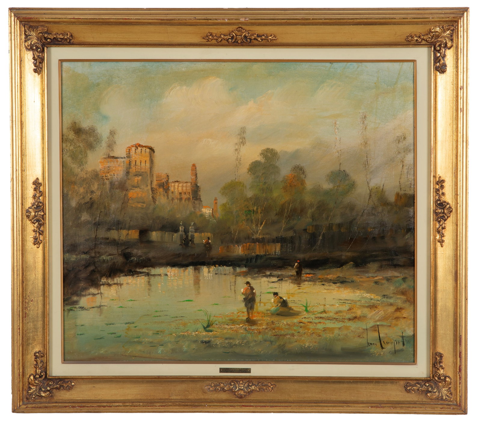 LUCIO CARGNEL. Dipinto "SCORCIO DI PAESE CON PERSONAGGI": LUCIO CARGNEL (Treviso 1903 - Milano 1998). Oil painting on canvas depicting "GLIMMER OF A COUNTRY WITH CHARACTERS". Signed lower right. Authenticated and with a guarantee card from the Academy of