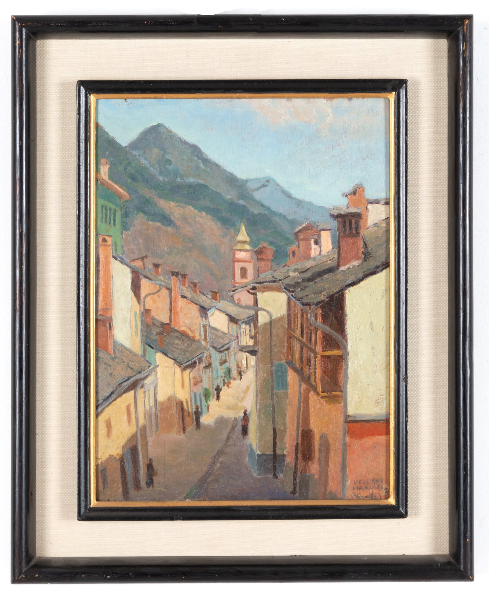 MARIO VELLANI MARCHI. Dipinto "VERNATE": MARIO VELLANI MARCHI (Modena 1895 - Milano 1979). Oil painting on panel depicting "VERNATE". Signed, titled, and dated '34 lower right. Framed in a lacquered wood. 38.5x29.5 cm approx. MARIO VELLANI M