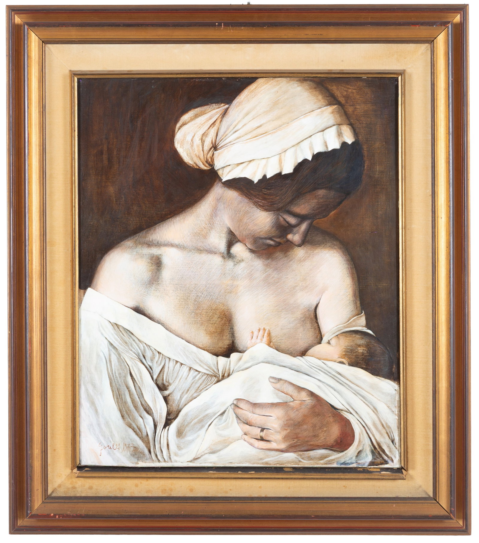 EZIO GARILLI. Dipinto "MATERNITA'": EZIO GARILLI (XX secolo). Oil painting on canvas depicting "MOTHERHOOD". Signed and dated 1973 lower left. Framed. 65.5x54 cm approx. EZIO GARILLI (XX secolo). Dipinto olio su tela raffigurante "MATER