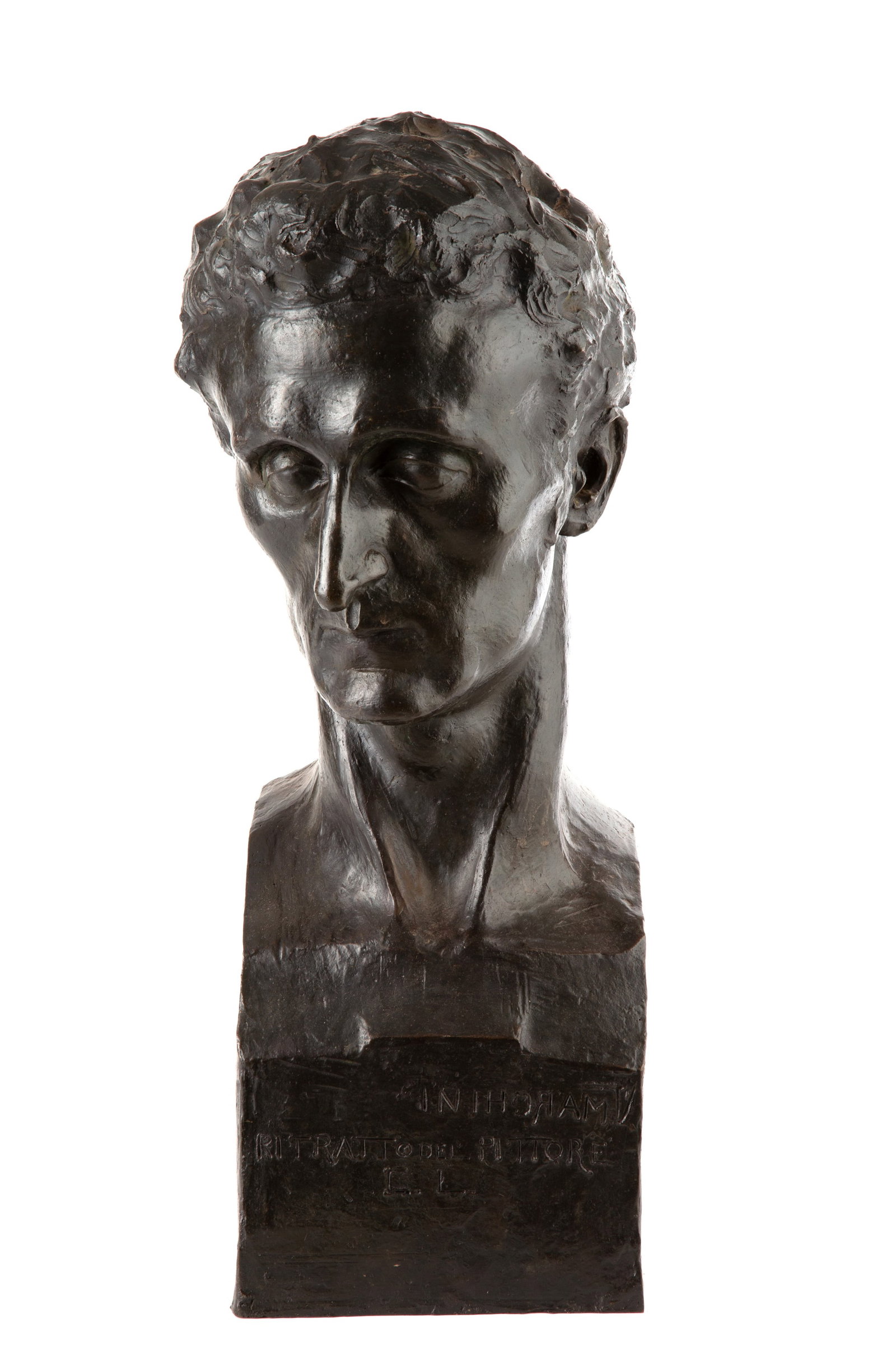 VITALIANO MARCHINI. Sculpture "MALE HEAD": VITALIANO MARCHINI (Melegnano - 1888 1971). Patinated bronze sculpture depicting "MALE HEAD". Signed and titled "Portrait of the Painter CL" on the base. 58x24x25 cm approx. VITALIANO MARCHINI (Melegn