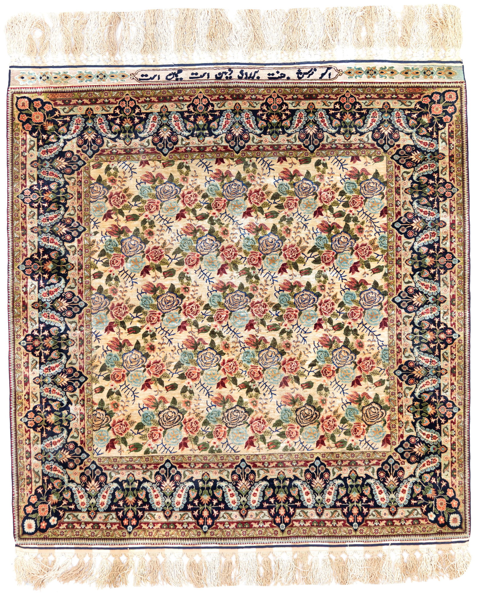 Herekè carpet. Türkiye: Hereke' 12/10 silk and gold thread rug, signed and dedicated. Türkiye. Second half of the 20th century. In perfect condition. 134x128 cm approx. Tappeto Hereke' 12/10 in seta e filo d'oro firmato e d