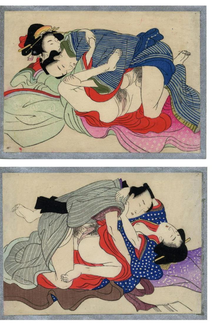 Japanese Woodblock Prints Eisen, Tomioka 1864-1905: Japanese Woodblock Prints Eisen, Tomioka 1864-1905 Shunga, two prints ca. 10.1 x 13.7 cm Client with young courtesan and a couple loveplaying. Excellent impressions in good condition, black glossy pri