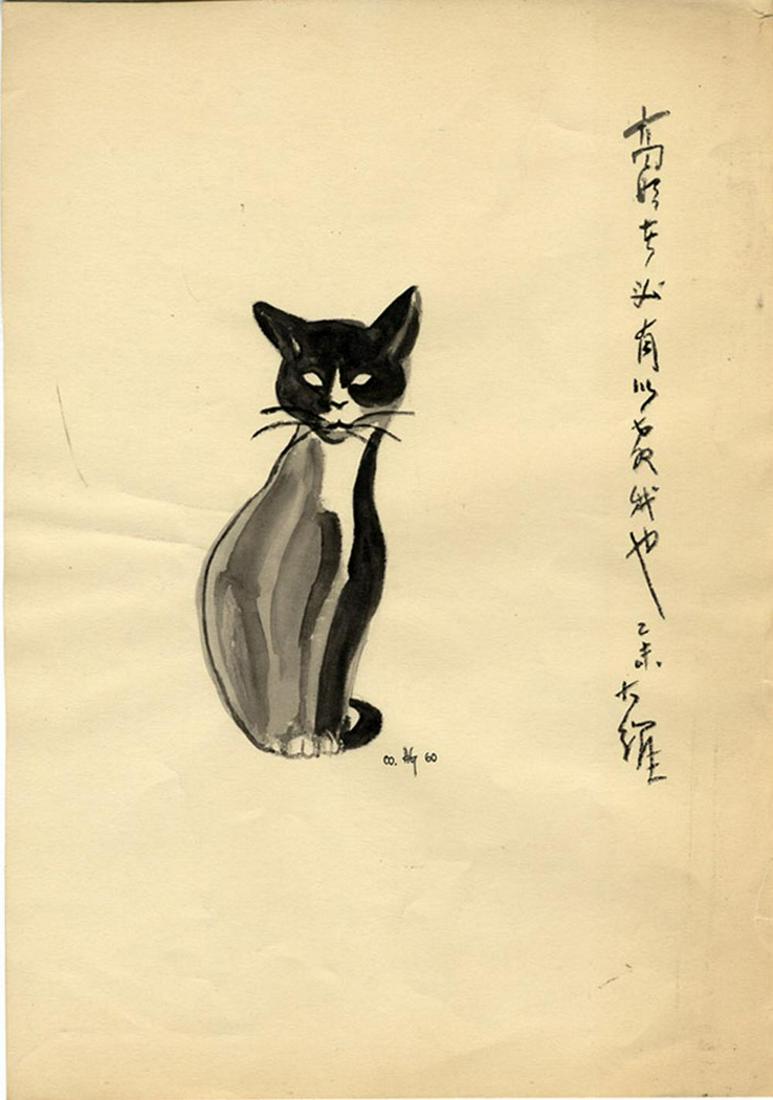 Japanese Antiques Cat, 20th century.: Japanese Antiques Cat, 20th century. 30 x 21 cm. Ink on paper. dat. 1960 Slightly yellowed and dirty. (213)