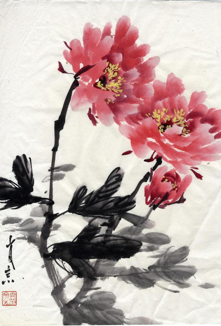 Chinese Antiques and Art Red Peonies, Painting: Chinese Antiques and Art Red Peonies, Painting 42 x 30 cm. Ink and paint on paper. Signature and seal. Crumpled. (290)