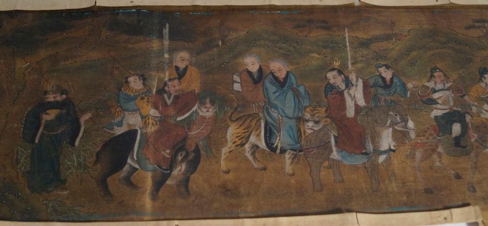 Chinese Antiques and Art Scroll, Mongolia 19th century: Chinese Antiques and Art Scroll, Mongolia 19th century Ink and paint on silk, l. 192 cm. Figures in landscape. Darkened, torn. (308)