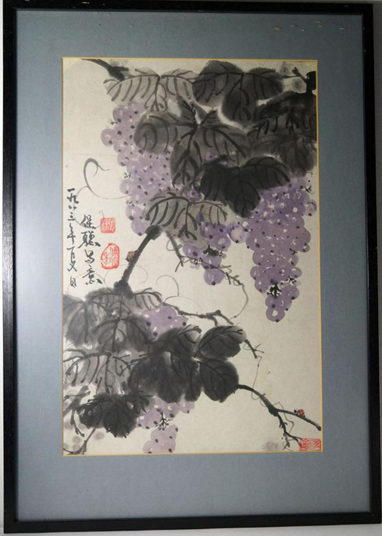 Chinese Antiques and Art Qi Baishi School Grapes / ink: Chinese Antiques and Art Qi Baishi School Grapes / ink and paint on thin paper 55 x 33 cm. Signed and dated 1983, three artist seals. Moisture stains, mildew stains. Frame. (179)