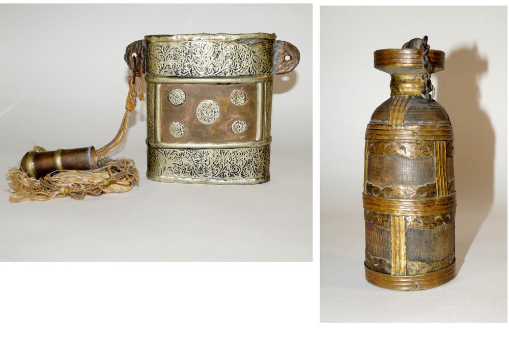 Two travel bottles, Tibet: Two travel bottles, Tibet a) Large bottle, narrow oval basic shape, h. 18 cm, w. 15.5 cm. Copperplate, silver coloured appliqués, chased leaf tendrils. With stopper from another bottle. b) Milk b