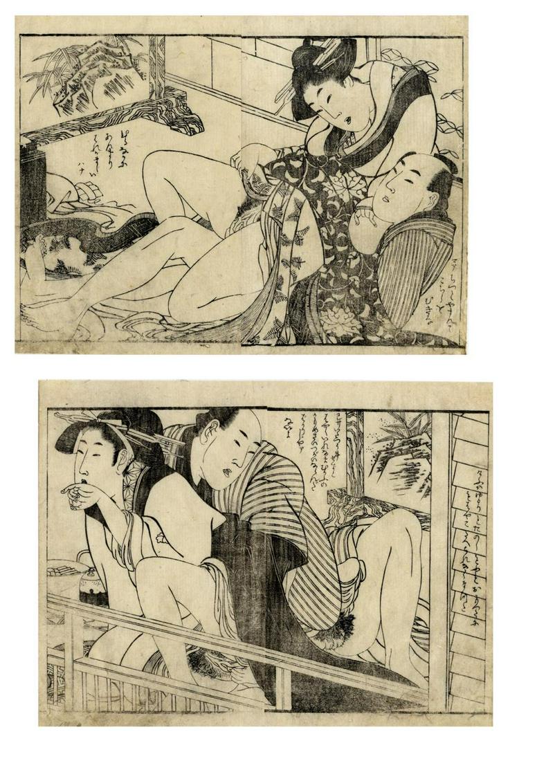 Japanese Woodblock Print Utamaro II ?- 1831 Shunga (Two: Japanese Woodblock Print Utamaro II ?- 1831 Shunga (Two double book pages) B/W print. Couples making love. Glued at upper corners, edges rubbed, slightly soiled. Passepartout. (314)Utamaro II