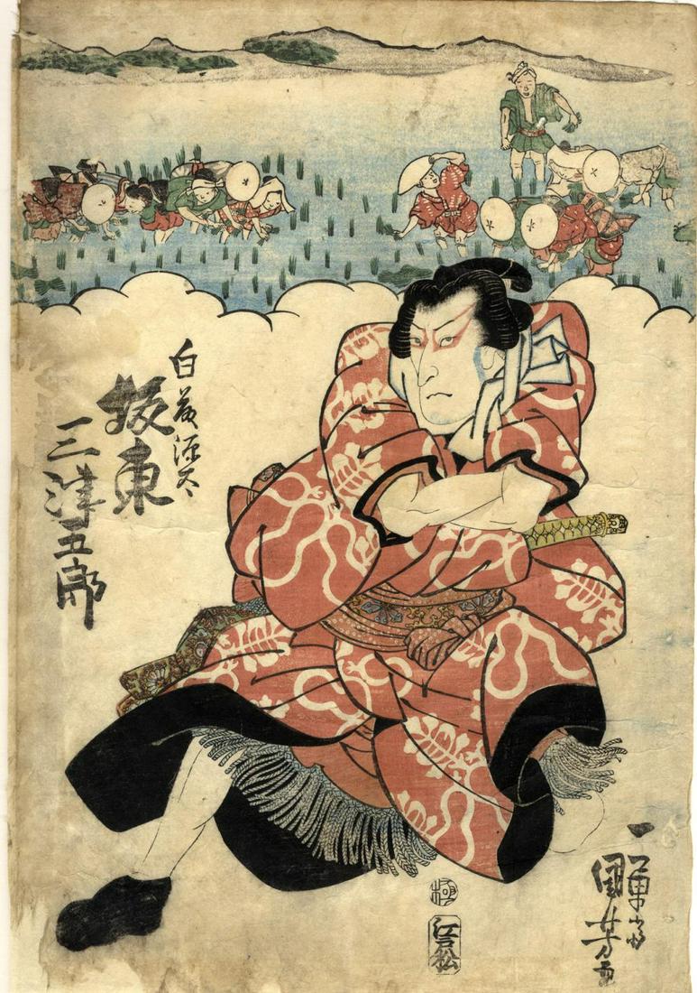 Japanese Woodblock Print Kuniyoshi, Utagawa 1798-1861: Japanese Woodblock Print Kuniyoshi, Utagawa 1798-1861 Actors (Oban from a triptych) Bando Mitsugoro as sumo wrestler, in the picture above him farmers harvesting rice. Sign..: Ichiyusai Kuniyoshi ga. 