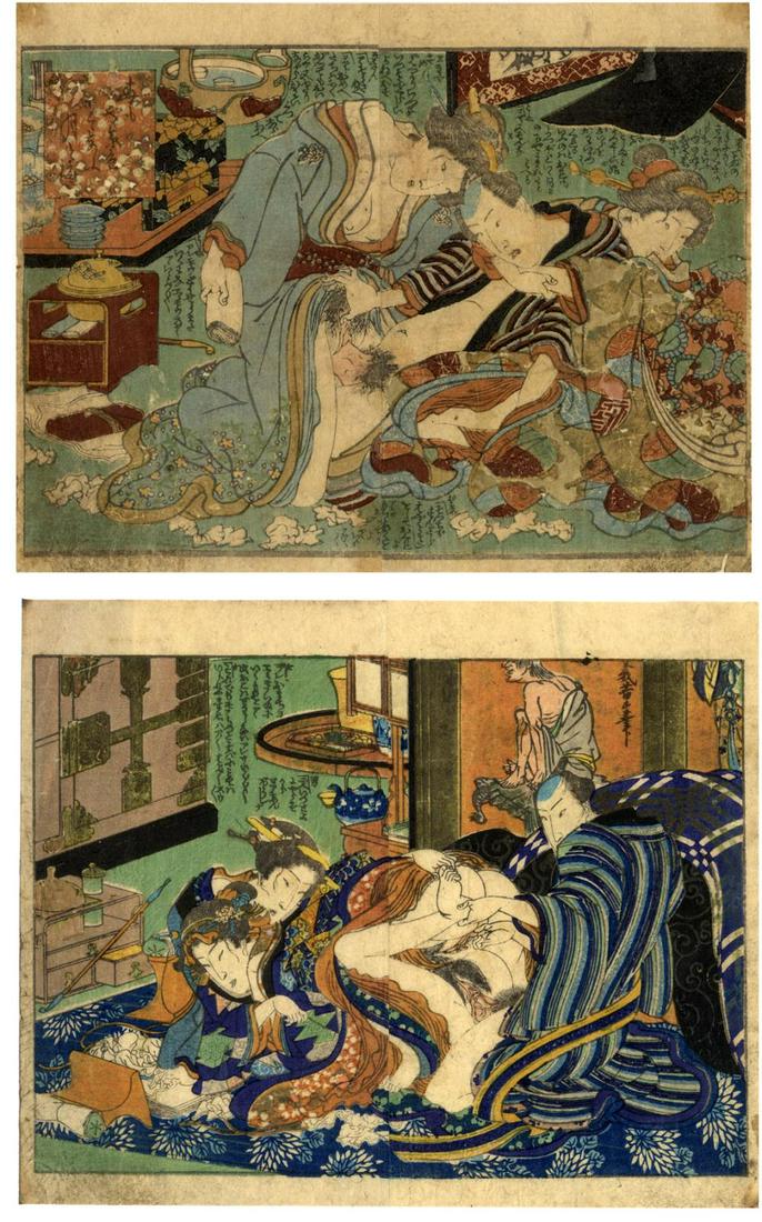 Japanese Woodblock Print Kunisada, Utagawa 1786-1865: Japanese Woodblock Print Kunisada, Utagawa 1786-1865 Shunga (Two double book pages approx. 17 x 20.5 cm) Love plays. Good print with gold. Backed, restored wormholes and missing parts, glued at upper 