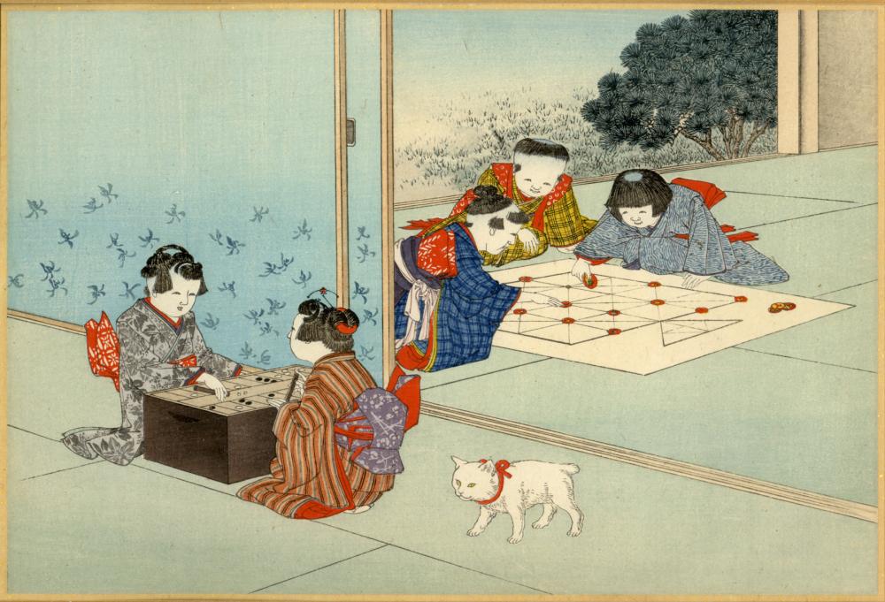 Japanese Woodblock Print Shimazaki, Ryuu zugeschrieben: Japanese Woodblock Print Shimazaki, Ryuu zugeschrieben Meiji 19,5 x 27 cm. Kids playing board games. Excellent print. Passepartout and frame. (308)Shimazaki, Ryuu zugeschrieben