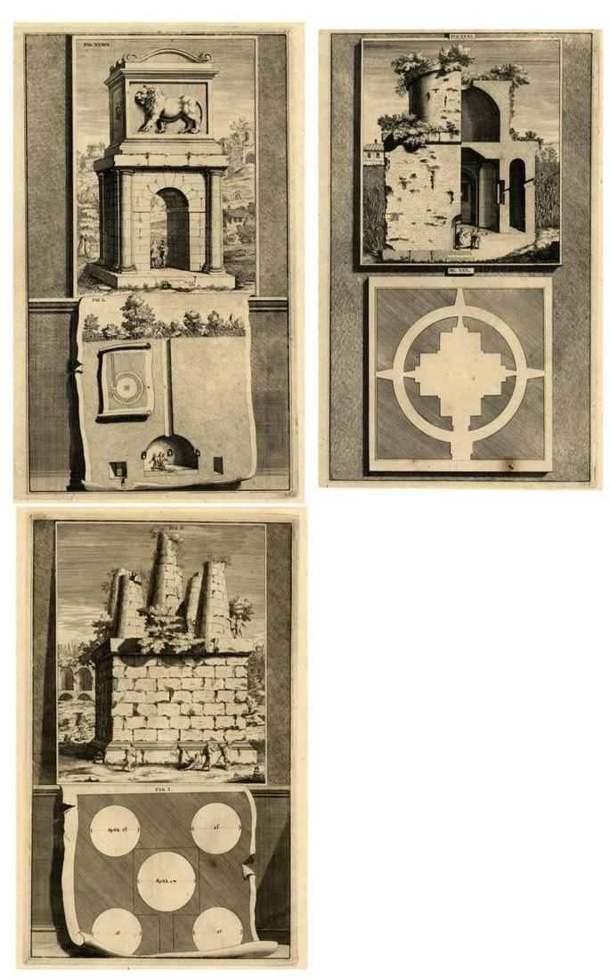 European Art- Three copper engravings 18th - 19th: European Art- Three copper engravings 18th - 19th century Approx. h. 41.5 x 25.5 cm. Mausoleums and ancient buildings with ground plan and inner chambers. Slightly yellowed and dirty, glued at upper c