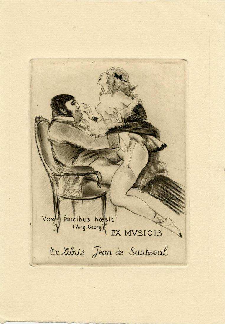 Morisot, Jean Jean de Sauteval, ex-libris: Morisot, Jean Jean de Sauteval, ex-libris Morisot, Etching 24 x 16.5 cm. Fat musician with blond courtesan. Good impression, glued at upper corners. Passepartout. (299)Morisot, Jean