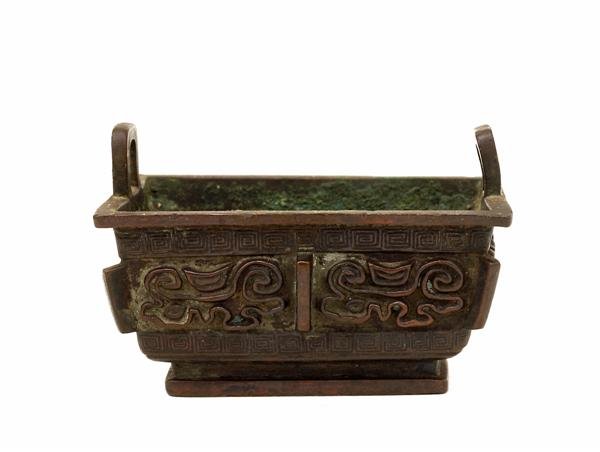 18C Chinese Bronze Archaic Sty Censer Scholar