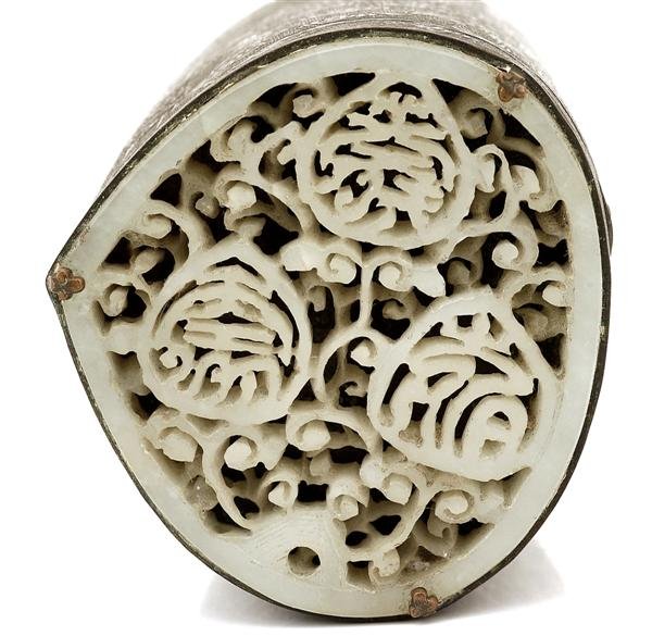 19C Chinese White Jade Nephrite Placque Bronze Box
