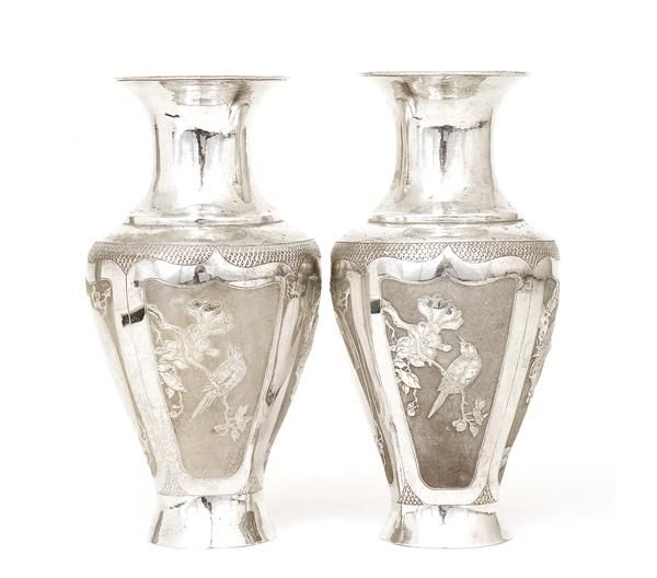 2 Old Chinese Export Silver Vase w Bird