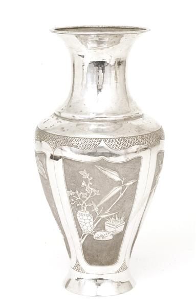 2 Old Chinese Export Silver Vase w Bird - 4