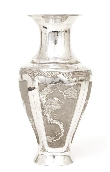 2 Old Chinese Export Silver Vase w Bird - 5